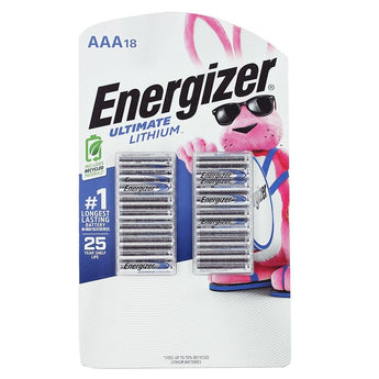 Energizer Ultimate L92 AAA 1250mAh 1.5V High Energy 1.5A Lithium (LiFeS2) Button Top Batteries - 18 Pack Retail Card