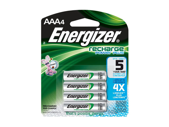 Energizer Recharge NH12-BP-4 AAA 850mAh 1.2V Nickel Metal Hydride (NiMH) Button Top Batteries - 4 Pack Retail Card