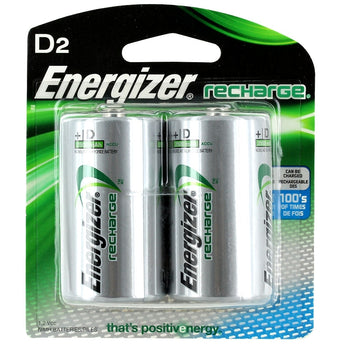 Energizer Recharge NH50-BP-2 D-cell 2500mAh 1.2V Nickel Metal Hydride (NiMH) Button Top Batteries - 2 Piece Retail Card