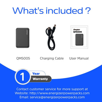 Energizer QM5005 5000mAh Magnetic Wireless Charging Power Bank Informational Slide - What's Included