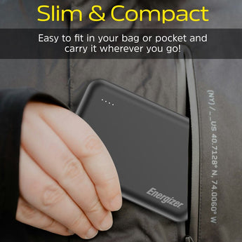 Energizer QM5005 5000mAh Magnetic Wireless Charging Power Bank Informational Slide - Slim & Compact