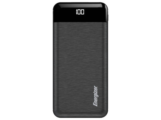 Black Energizer power bank with digital display on a white background