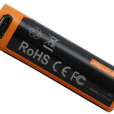 Black and orange battery with certification logos on a white background