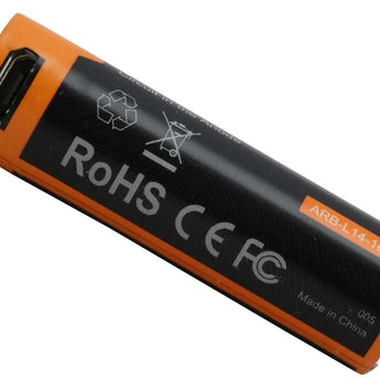 Black and orange battery with certification logos on a white background