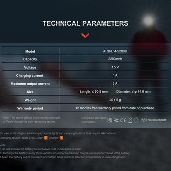 Fenix ARB-L14 14500 2200mAh 1.5V Lithium Ion (Li-ion) Button Top Battery with Micro USB Charging Port
