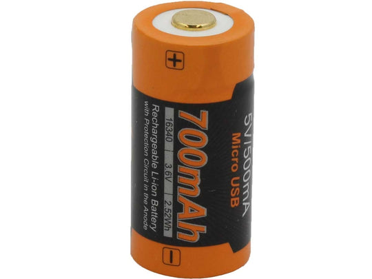 Fenix ARB-L16U 16340 700mAh 3.6V Lithium Ion (Li-ion) Button Top Battery with Micro USB Charging Port - Retail Card