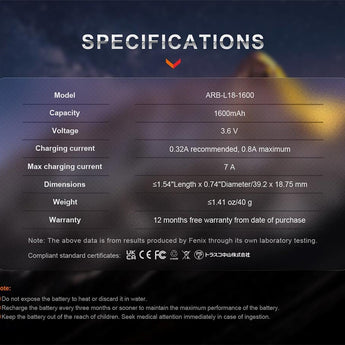 Fenix ARB-L18-1600 18350 1600mAh 3.6V Protected Lithium Ion (Li-ion) Button Top Battery