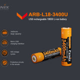 Fenix ARB-L18-3400U 18650 3400mAh 3.6V Protected Lithium Ion (Li-ion) Button Top Battery with Micro USB Charging Port - Clam Shell