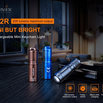 Fenix E02R Rechargeable KeyChain Flashlight - Luminus SST20 - 200 Lumens - Uses Built-In 120mAh Li-Poly Battery Pack - Available in Black, Blue or Brown