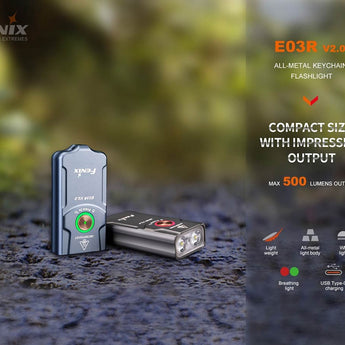 Fenix E03R-V2 USB-C Rechargeable LED Keychain Flashlight - 500 Lumens - Uses Built-in 400mAh Li-ion Battery Pack - Grey or Blue