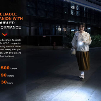 Fenix E03R-V2 USB-C Rechargeable LED Keychain Flashlight - 500 Lumens - Uses Built-in 400mAh Li-ion Battery Pack - Grey or Blue