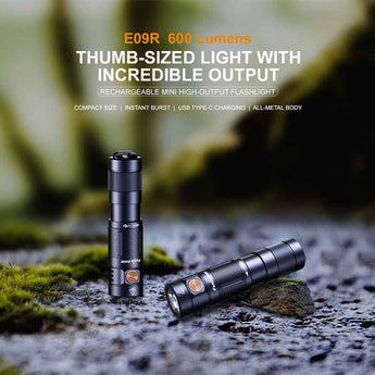 Fenix E09R USB-C Rechargeable LED Flashlight - Luminus SST20 - 600 Lumens - Includes Built-In 800mAh Li-Poly Battery Pack