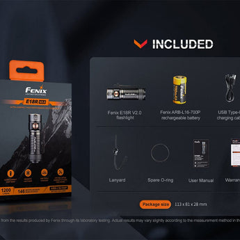 Fenix E18R-V2 USB-C Rechargeable EDC LED Flashlight - Luminus SST40 - 1200 Lumens - Includes 1 x 16340