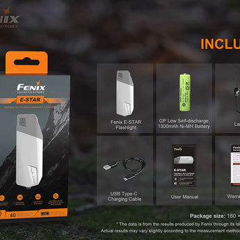 Fenix E-STAR USB-C Rechargeable Emergency Flashlight - 100 Lumens - Includes 1 x NiMH AA