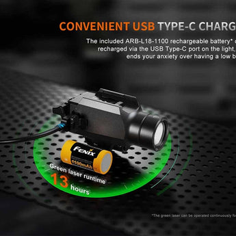 Fenix GL23R USB-C Rechargeable LED Weapon Light - 1200 Lumens - Luminus SFT40 - 520nm Green Laser - Includes 1 x 18350