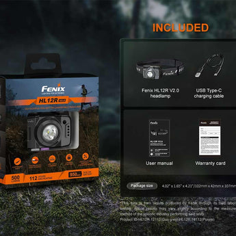 Fenix HL12R V2.0 USB-C Rechargeable LED Headlamp - 500 Lumens - Luminus SST20 - Uses Built-in 950mAh Li-ion Battery Pack - Gun Gray or Purple