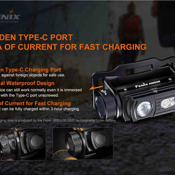 Fenix HM60R USB-C Rechargeable LED Headlamp - Luminus SST40 and CREE XP-G2 - 1200 Lumens - Inludes 1 x 18650