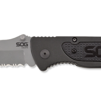 SOG Escape Folding Knife - 3.4-inch Partially Serrated, Clip Point - Bead Blasted (FF24) or Hardcased Black (FF25) - Black Handle - Clam Pack