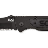 SOG Escape Folding Knife - 3.4-inch Partially Serrated, Clip Point - Bead Blasted (FF24) or Hardcased Black (FF25) - Black Handle - Clam Pack