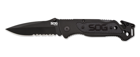 SOG Escape Folding Knife - 3.4-inch Partially Serrated, Clip Point - Bead Blasted (FF24) or Hardcased Black (FF25) - Black Handle - Clam Pack