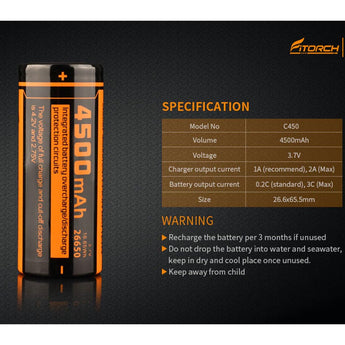 Fitorch C450 26650 4500mAh 3.7V Lithium Ion (Li-ion) Flat Top Battery