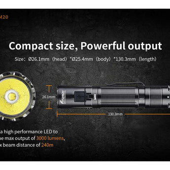Fitorch M20 - 130.3mm Size, 3000 Lumens, 240 Meter Throw