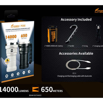 Fitorch P200 USB-C Rechargeable LED Search Light - 14000 Lumens - Includes 1 x 3.6V 24000mAh 46800 - Black or White