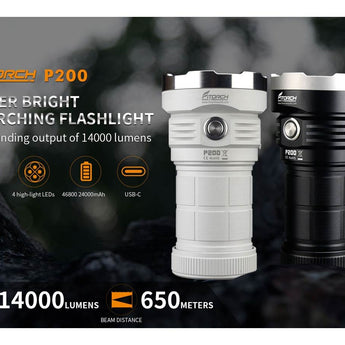 Fitorch P200 USB-C Rechargeable LED Search Light - 14000 Lumens - Includes 1 x 3.6V 24000mAh 46800 - Black or White