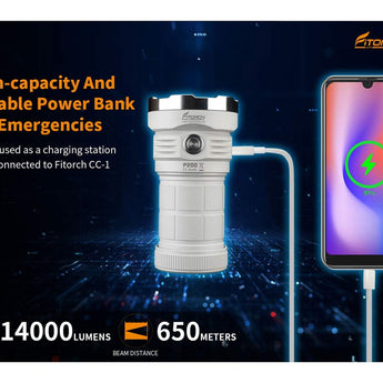 Fitorch P200 USB-C Rechargeable LED Search Light - 14000 Lumens - Includes 1 x 3.6V 24000mAh 46800 - Black or White
