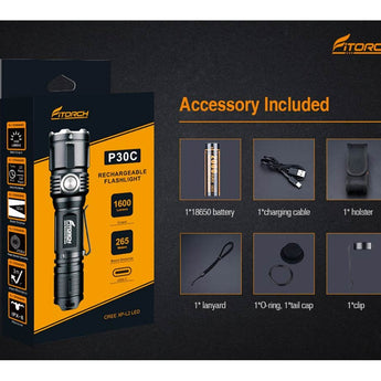 Fitorch P30C USB-C Rechargeable LED Flashlight - 1600 Lumens - CREE XP-L2 - Includes 1 x 18650
