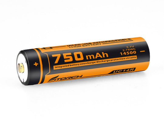 Fitorch RC145 14500 750mAh 3.7V Protected Lithium Ion (Li-ion) Button Top Battery with Built-In Micro USB Charge Port