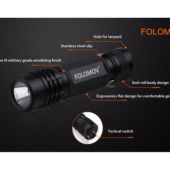 Folomov 18650S LED Flashlight - Nichia 219D - 900 Lumens - Includes 1 x 3.7V 2600mAh 18650 - Black