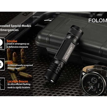 Folomov 18650S LED Flashlight - Nichia 219D - 900 Lumens - Includes 1 x 3.7V 2600mAh 18650 - Black