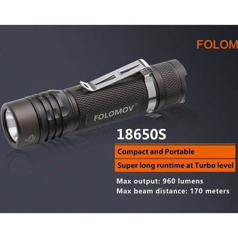 Folomov 18650S LED Flashlight - Nichia 219D - 900 Lumens - Includes 1 x 3.7V 2600mAh 18650 - Black