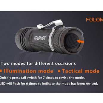 Folomov 18650S LED Flashlight - Nichia 219D - 900 Lumens - Includes 1 x 3.7V 2600mAh 18650 - Black