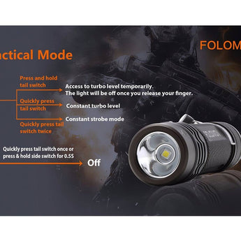 Folomov 18650S LED Flashlight - Nichia 219D - 900 Lumens - Includes 1 x 3.7V 2600mAh 18650 - Black