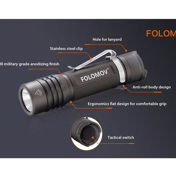 Folomov 18650S LED Flashlight - Nichia 219D - 900 Lumens - Includes 1 x 3.7V 2600mAh 18650 - Black