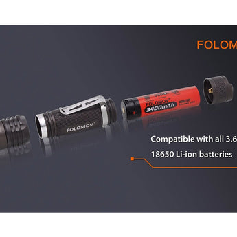 Folomov 18650S LED Flashlight - Nichia 219D - 900 Lumens - Includes 1 x 3.7V 2600mAh 18650 - Black