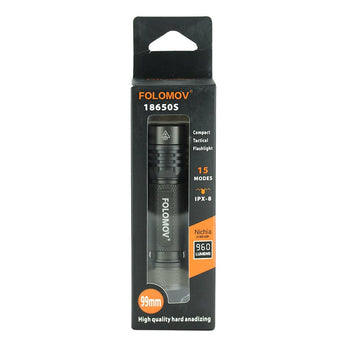 Folomov 18650S LED Flashlight - Nichia 219D - 900 Lumens - Includes 1 x 3.7V 2600mAh 18650 - Black