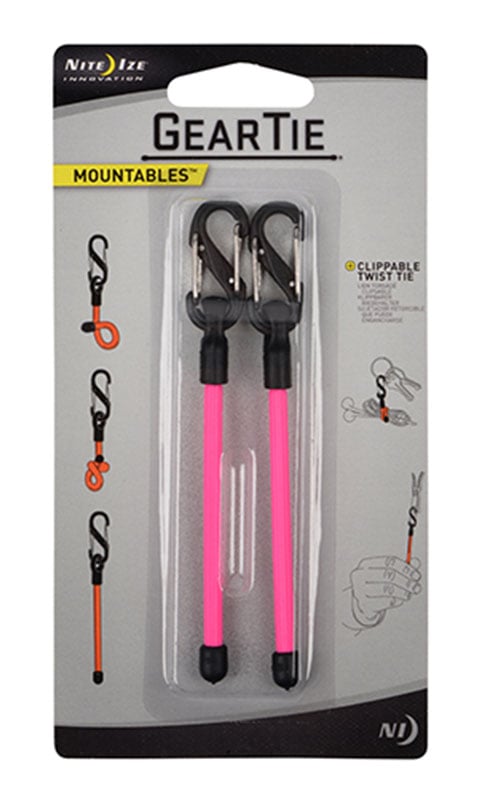 Nite Ize Gear Tie Clippable Rubber Twist Tie with Size 0 Plastic S-Biner - 3-Inch - 2 Pack - Pink