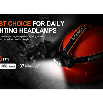 Acebeam H50 2.0 USB-C Rechargeable Wide Beam LED Headlamp - High CRI LED - 2000 Lumens - Includes 1 x 18650