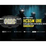 Nitecore HC65M UHE USB-C Rechargeable LED Helmet Mounted Light - 2000 Lumens - 8 x NiteLab UHE LEDs - Includes 1 x 18650 and NVG Mount