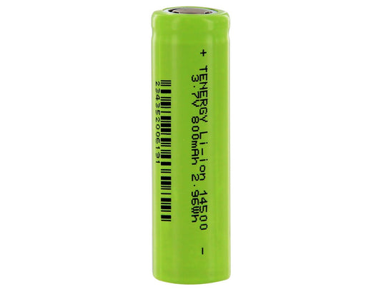 Tenergy 30001 14500 800mAh 3.7V Unprotected Lithium Ion (Li-ion) Flat Top Battery Vertical View Without Tabs