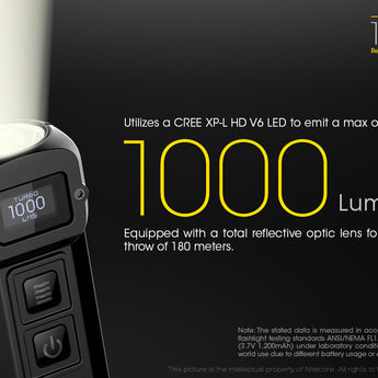 Nitecore TUP Information Slide - Utilizes a CREE XP-L HD V6 LED to emit a max output of 1000 Lumens