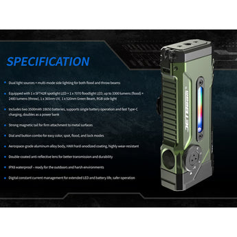 Jetbeam E28 USB-C Rechargeable LED Flashlight - 3300 Lumens - Spot, Flood, RGB Sidelight, UV, and Green Laser - Includes 2 x 3500mAh 18650 - Green or Gray
