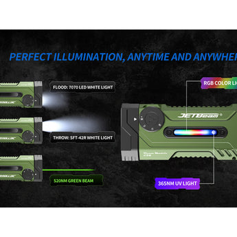 Jetbeam E28 USB-C Rechargeable LED Flashlight - 3300 Lumens - Spot, Flood, RGB Sidelight, UV, and Green Laser - Includes 2 x 3500mAh 18650 - Green or Gray