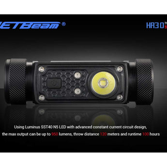 JETBeam HR30 USB-C Rechargeable Headlamp - SST40 N5 White LED with 2 x Red LEDs - 950 Lumens - Uses 1 x 18650 (Included) or 1 x Unprotected 20700 or 2 x CR123As