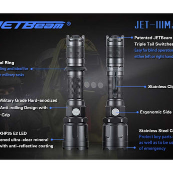 JETBeam IIIM Pro 2017 Version Tactical Flashlight - CREE XHP35 E2 LED - 1450 Lumens - Uses 1 x 18650 (Included) or 2 x CR123A