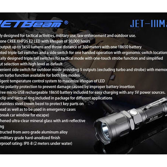 JETBeam IIIM Pro 2017 Version Tactical Flashlight - CREE XHP35 E2 LED - 1450 Lumens - Uses 1 x 18650 (Included) or 2 x CR123A