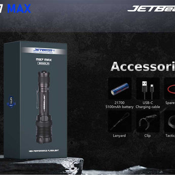 JETBeam M37 Max USB-C Rechargeable LED Flashlight - 5000 Lumens - CREE XHP70.3 HI - Includes 1 x 21700